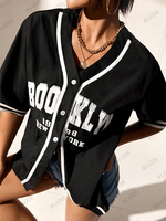 Summer New Broklyn Print Oversized Black Blouse Women Streetwear Sports Baseball Jersey Hip Hop Short Sleeve Baseball Shirts Top