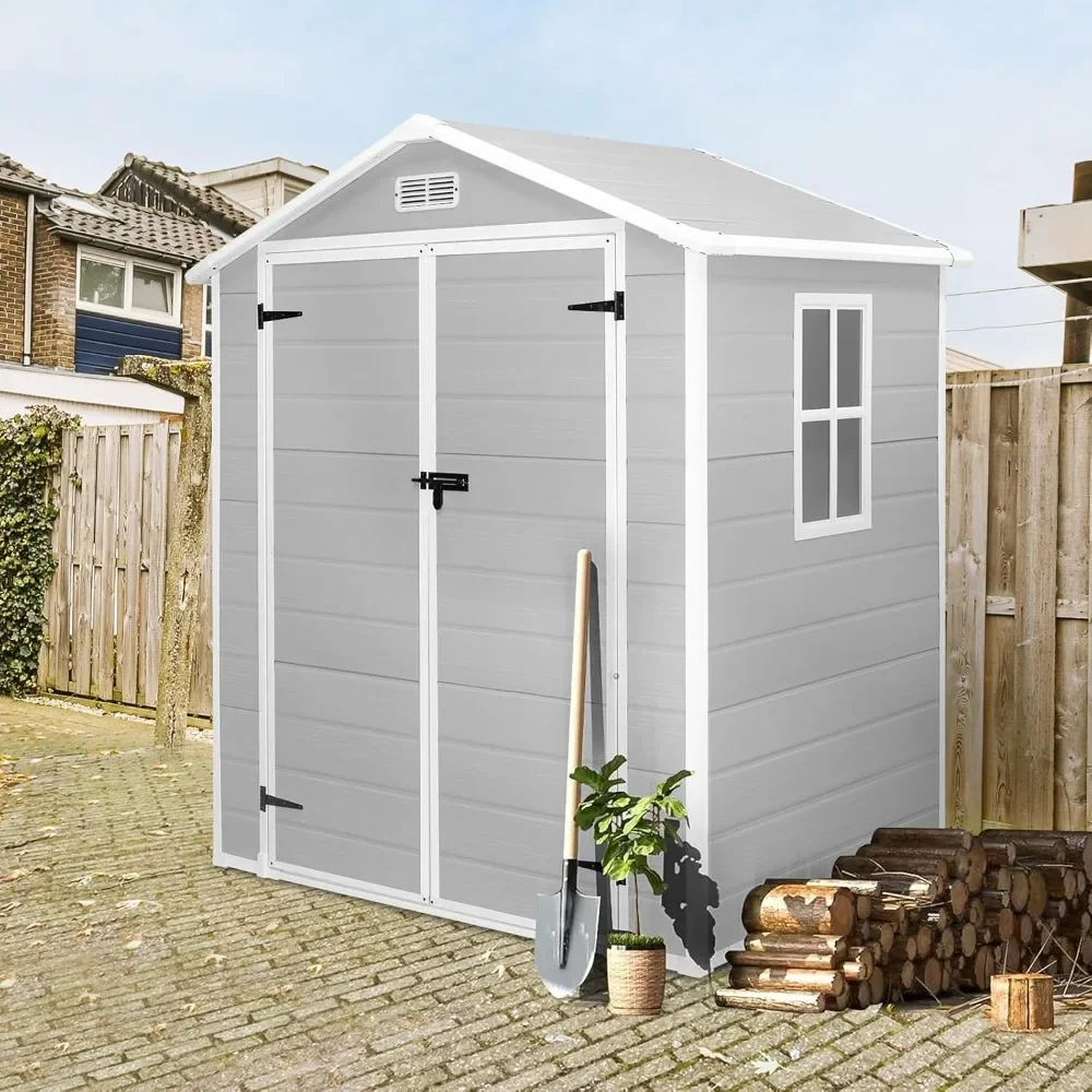 

6x4.4FT Outdoor Resin Shed with Reinforced Floor, All-Weather Plastic Shed with Lockable Door, Window & Vents, Garden Tool Sheds