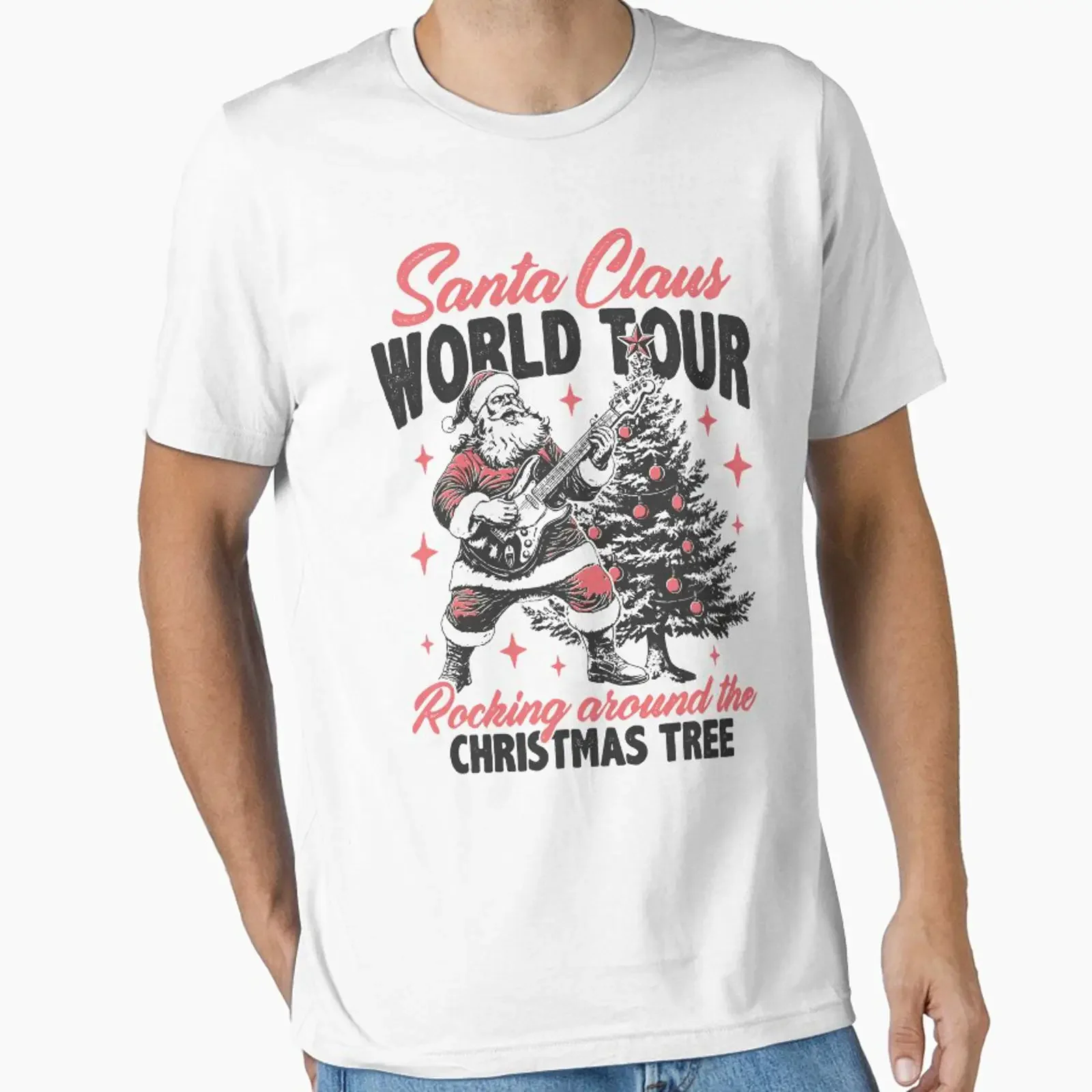 Santa Claus World Tour Rocking Around The Christmas Tree With Guitar Holiday Essential T Shirt vintage Washed Casual homme