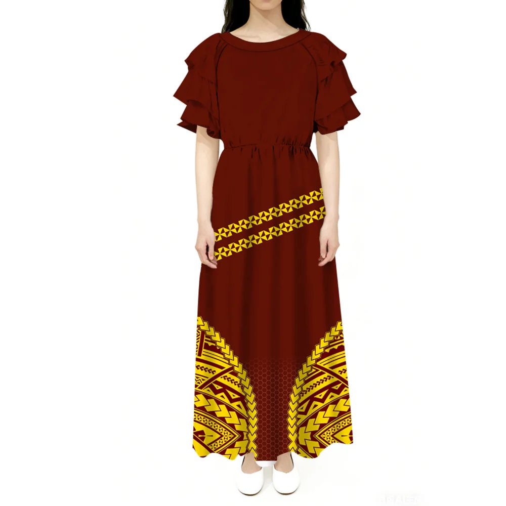 

Custom-Made Polynesian Island Women'S Red Floral Printed Round-Neck Dress Samoan Festival Party Evening Dress