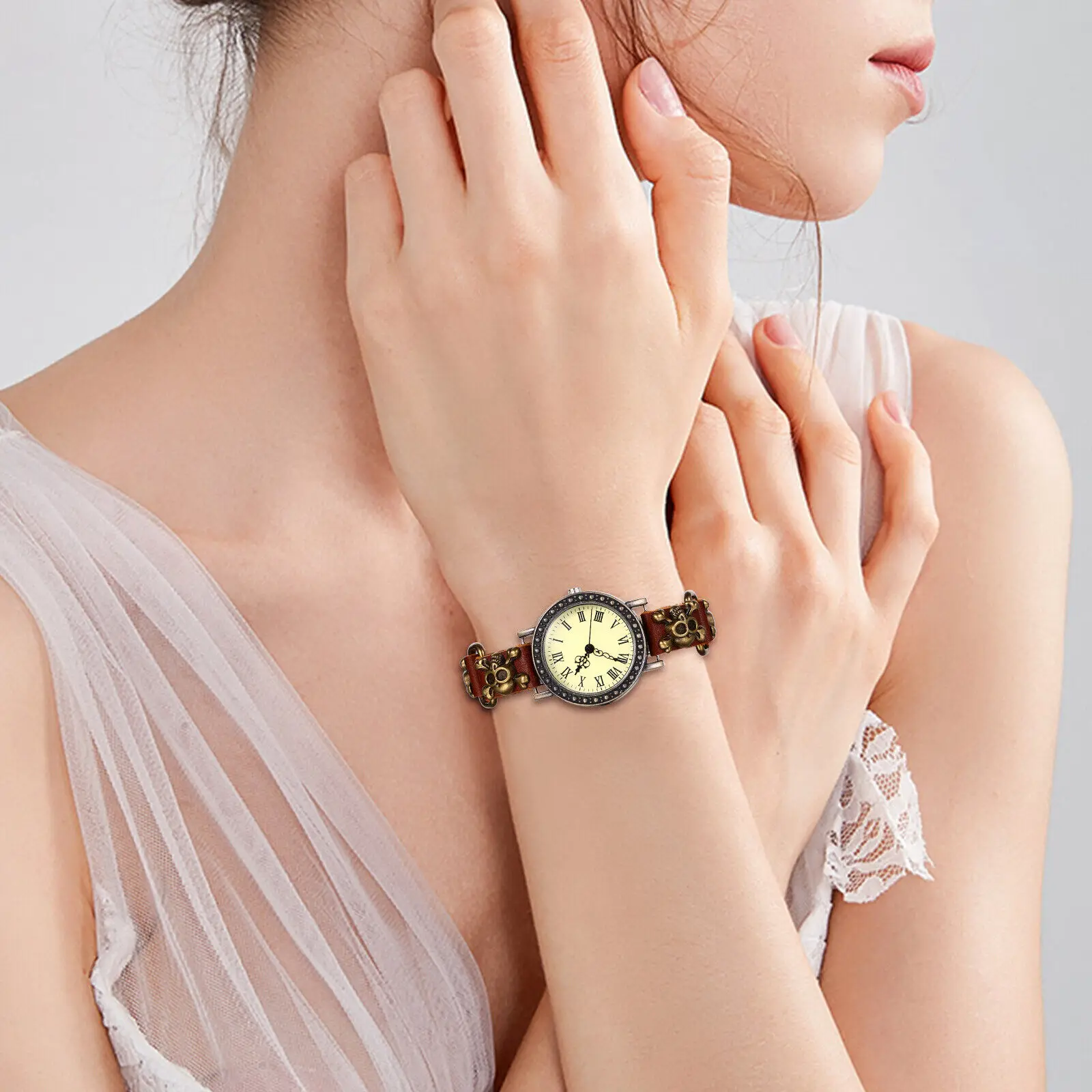 Lancardo นาฬิกาข้อมือผู้หญิงหญิงสาวหัวกะโหลกวินเทจพังค์สายหนัง PU นาฬิกาข้อมือควอตซ์แฟชั่นของขวัญวันฮาโลวีนนาฬิกาสุภาพสตรี reloj