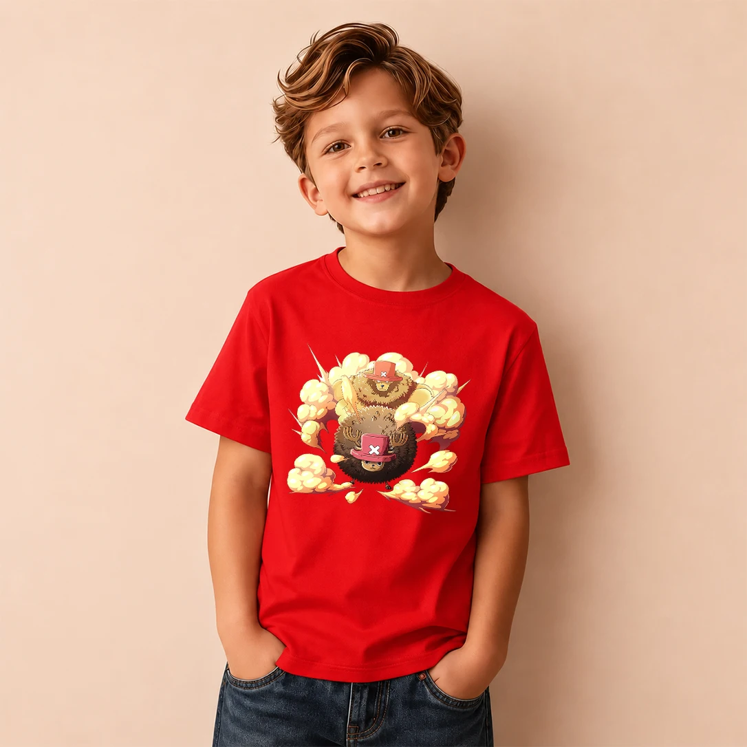 Kids T‑Shirt One Piece Tony Tony Chopper Double Form Burst Effect Print Short Sleeve Casual Tops Boys Girls Anime Children Daily