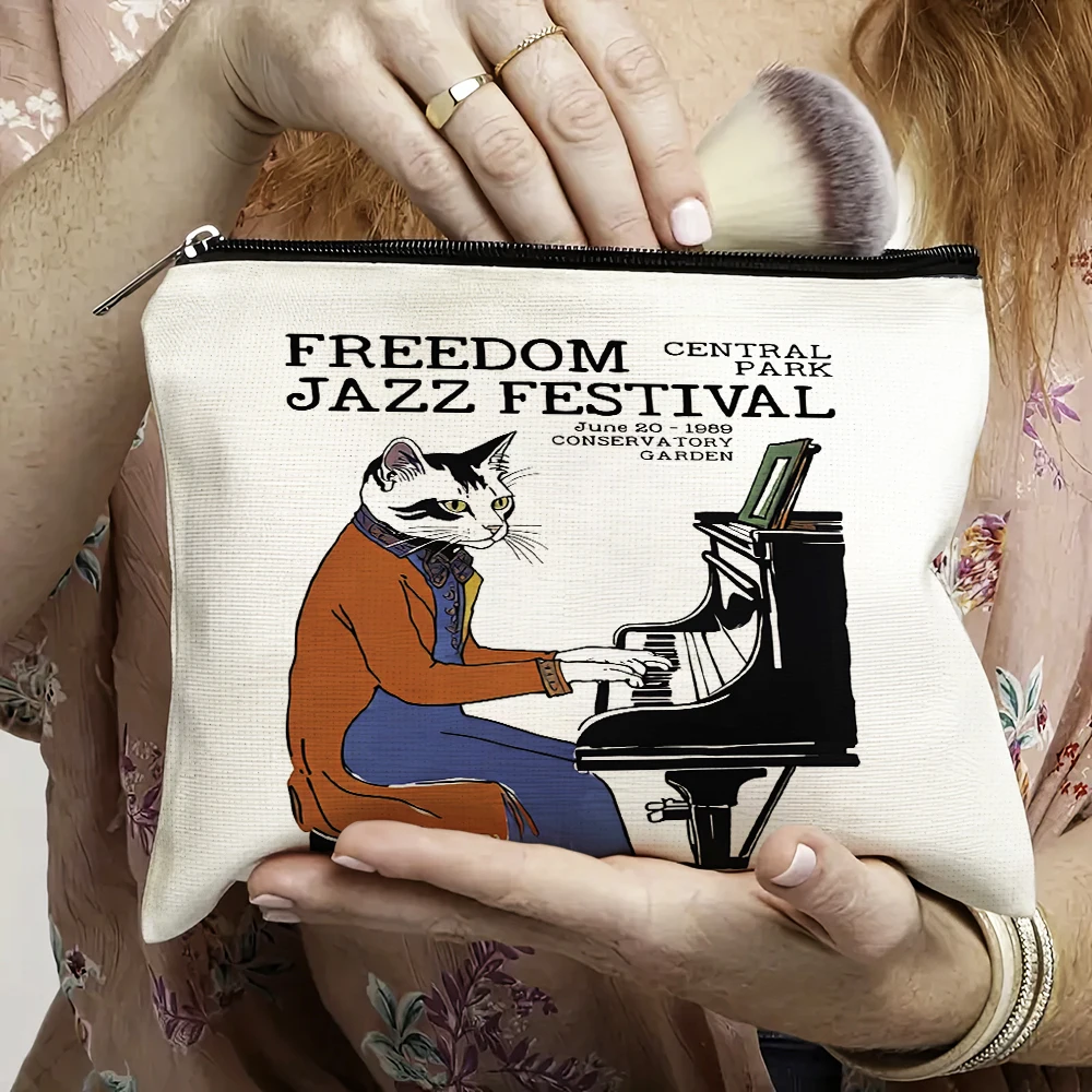 

Cartoon Jazz Piano Cat Girl Makeup Bag Double Print Pet Animal Wallet Lady Cosmetic Bags Wedding Women Travel Organizer Handbag