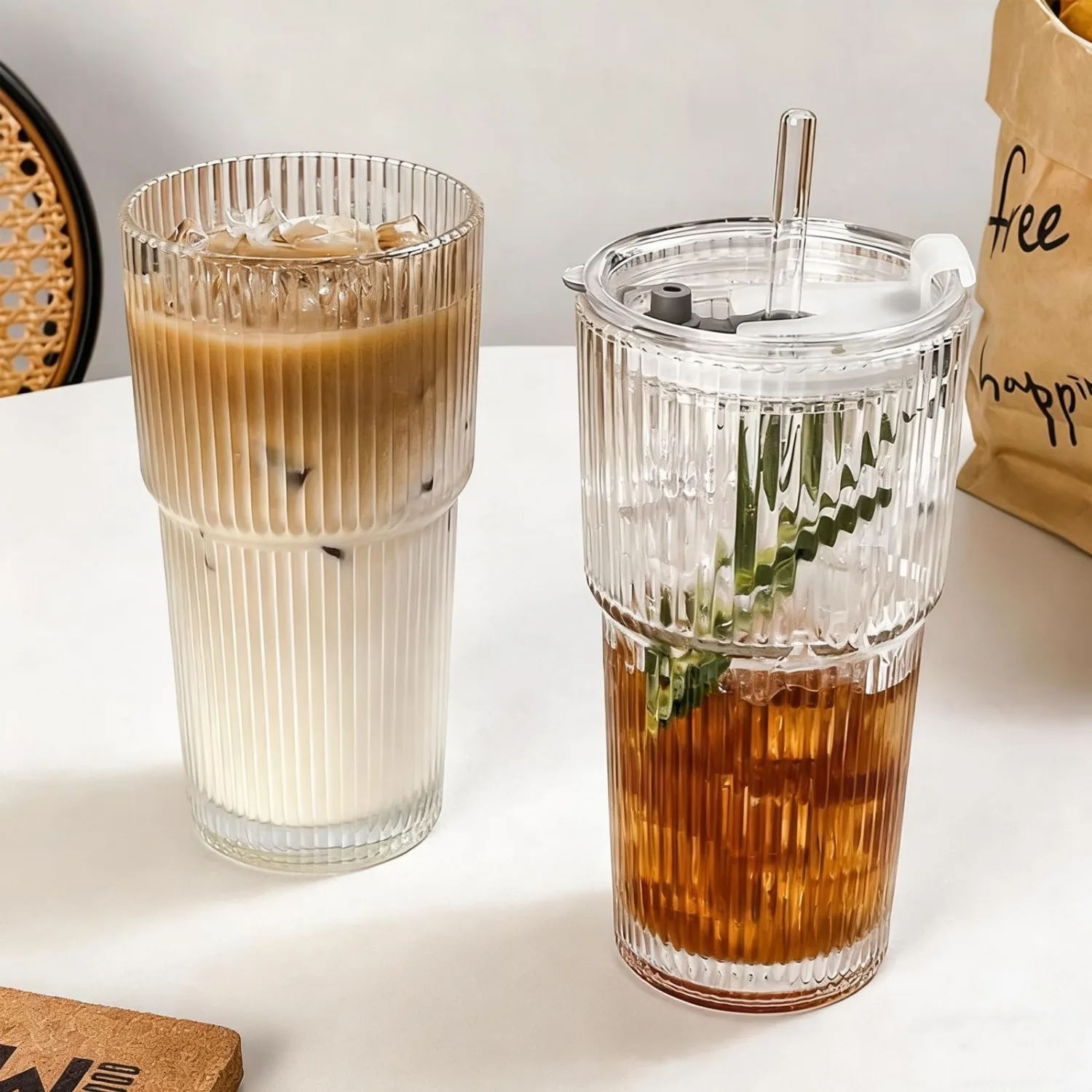 2 Pack 20oz Clear Ribbed Glass Tumbler with Straw and Lid Dishwasher Safe Stylish Glass Cups for Iced Coffee Juice Tea Matcha