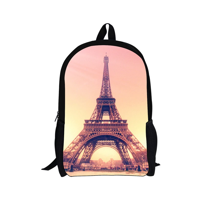 Parijs Eiffel Toren Print Schooltas 16 Inch Kinder Rugzakken Vintage Poster Kinderen Tieners Boek Tas Voor Meisjes Vrouwen Rugzak