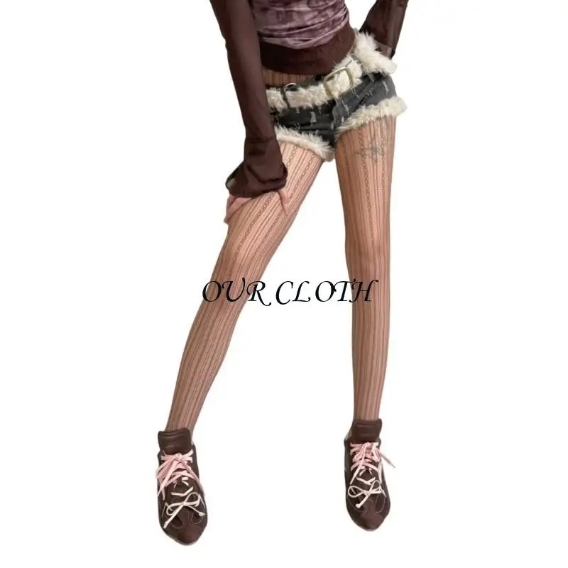 Women Aesthetic Elegant See Through Fishent Pantyhose Stockings Vintage Twist Striped Pattern Sheer Mesh Tights Leggings Y1AC