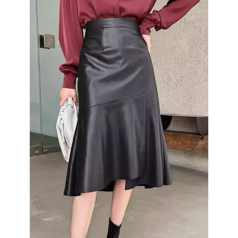 2021 Asymmetry Mermaid Skirt New Autumn Winter Genuine Leather Skirt with Belt High Waist Vintage A-Line Chic Bottoms Clothes