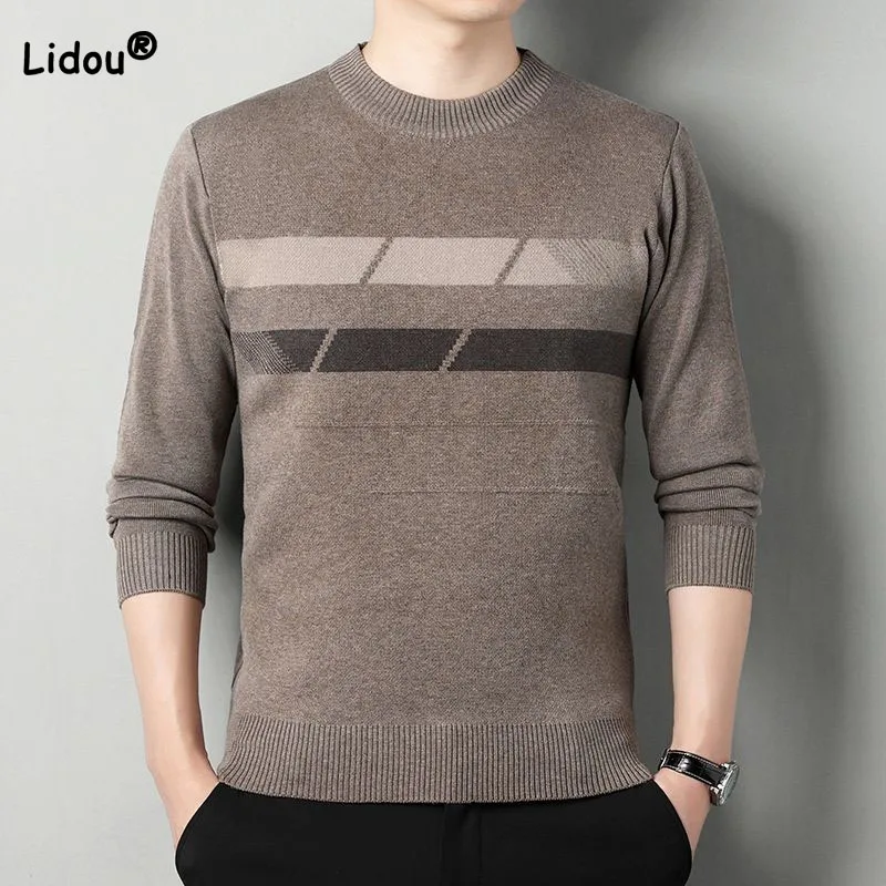 2023 Men\'s Handsome Fashion Patchwork Thick Sweaters Casual Warm Long Sleeve Bottoming Pullovers Autumn Winter Male Clothes