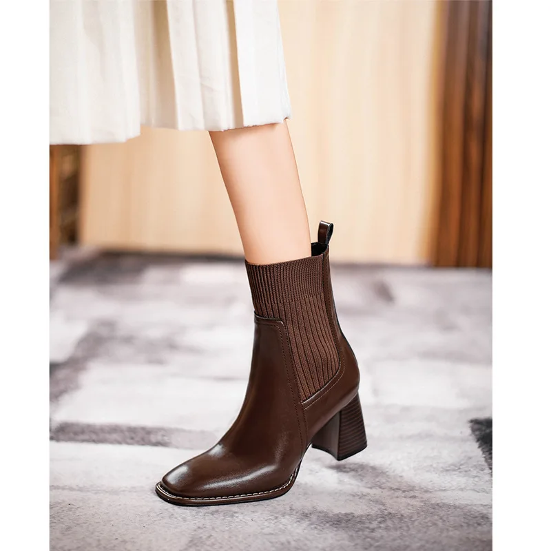 

Женские короткие ботинки на высоком каблуке, вязаные, утепленные, эластичные, зимние модные ботинки, коричневые, весенне-осенние, с квадратным носком, на толстой подошве