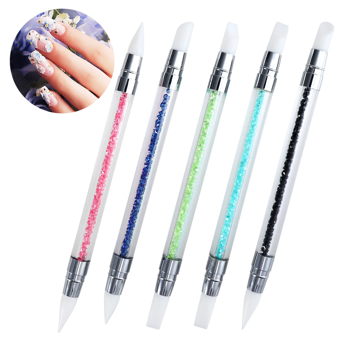 

5pcs Nail Carving Brushes with Silicone Heads Acrylic Tubes for Gel Nail Kit Dotting Tools Creating Patterns on Nails