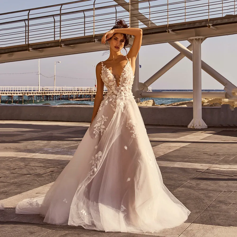 

Msikoods Deep V Boho Wedding Dresses 2025 3D Flower Lace Appliques Brides Dress Tulle A Line Backless Bridal Gown Customized