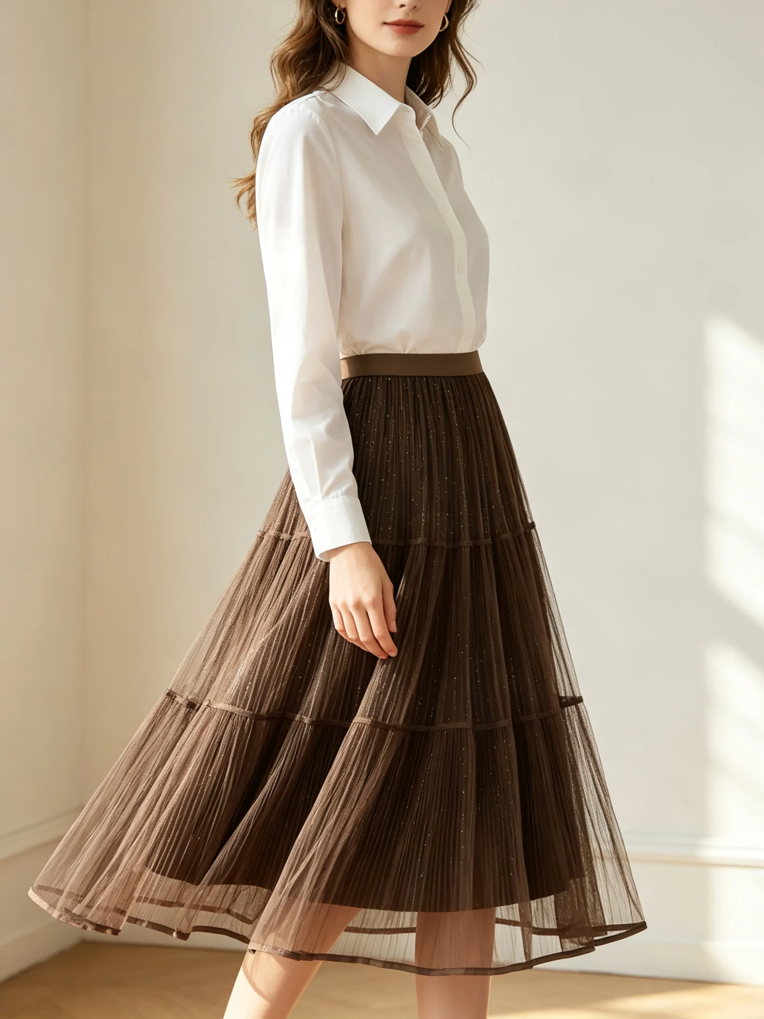 Women French Tulle Midi Skirt Puffy Tutu Sequined A-Line High Waist Elastic Sparkle Party Skirt