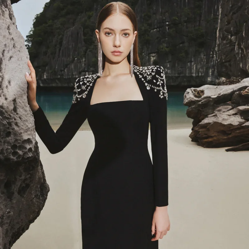 

2025 Autumn and Winter Trendy European and American New Fashion Long Sleeve Rhinestone Bandage Slim Elegant Dress
