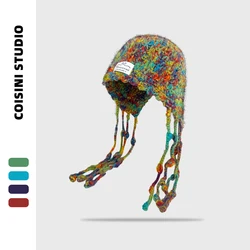 Japanese New Mixed Color Fringed Lace-up Pullover Knitted Hat Women's Winter Warm Plush Ear Protection Trend Skull Beanie Cap