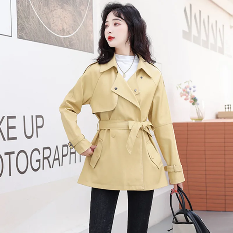 New Women Leather Trench Coat Spring Autumn Casual Fashion Turn-down Collar Long Sleeve Belt Sheepskin Jacket Loose Outerwear