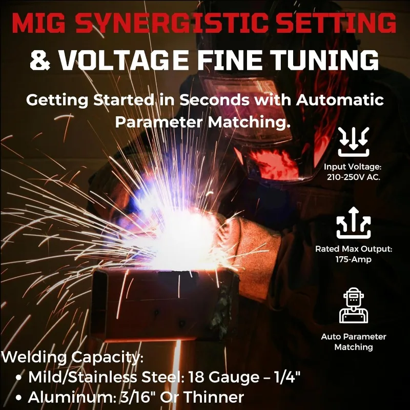 LOTOS MIG175 175A MIG Welder with Aluminum Spool Gun - Advanced Auto MIG Synergistic Setting, Voltage Fine Tuning