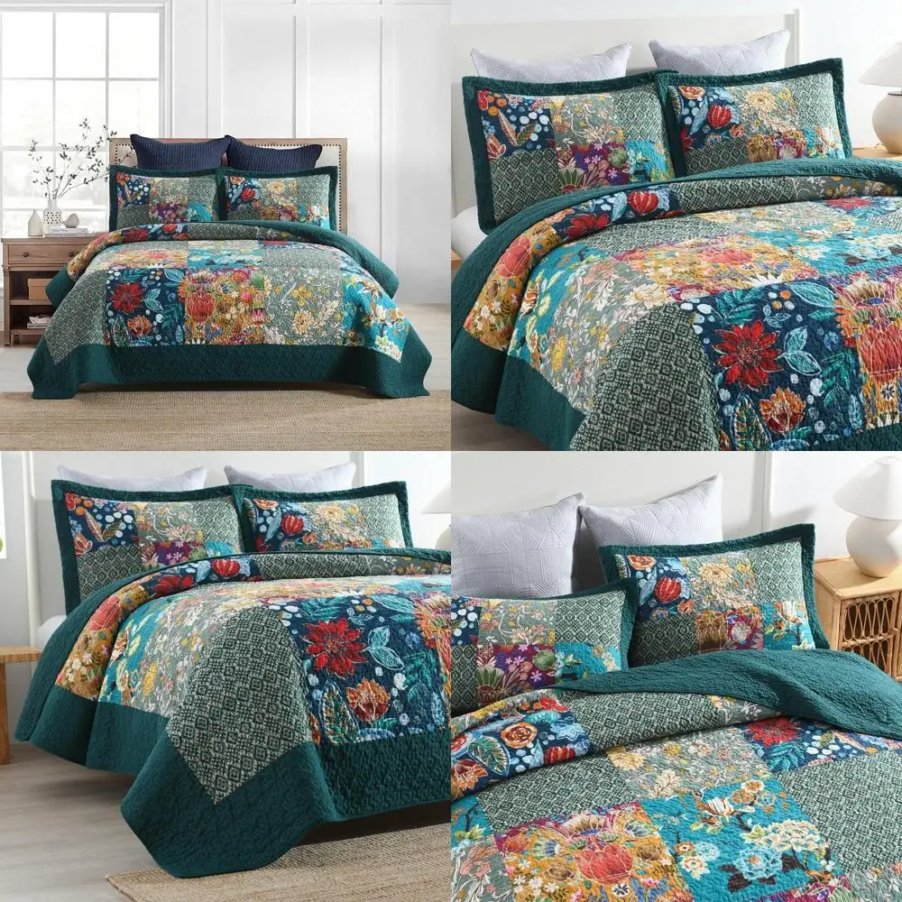 

ENASAL Cotton Quilted Bedspread Sets, Reversible Patchwork Vintage Floral Design in Turquoise