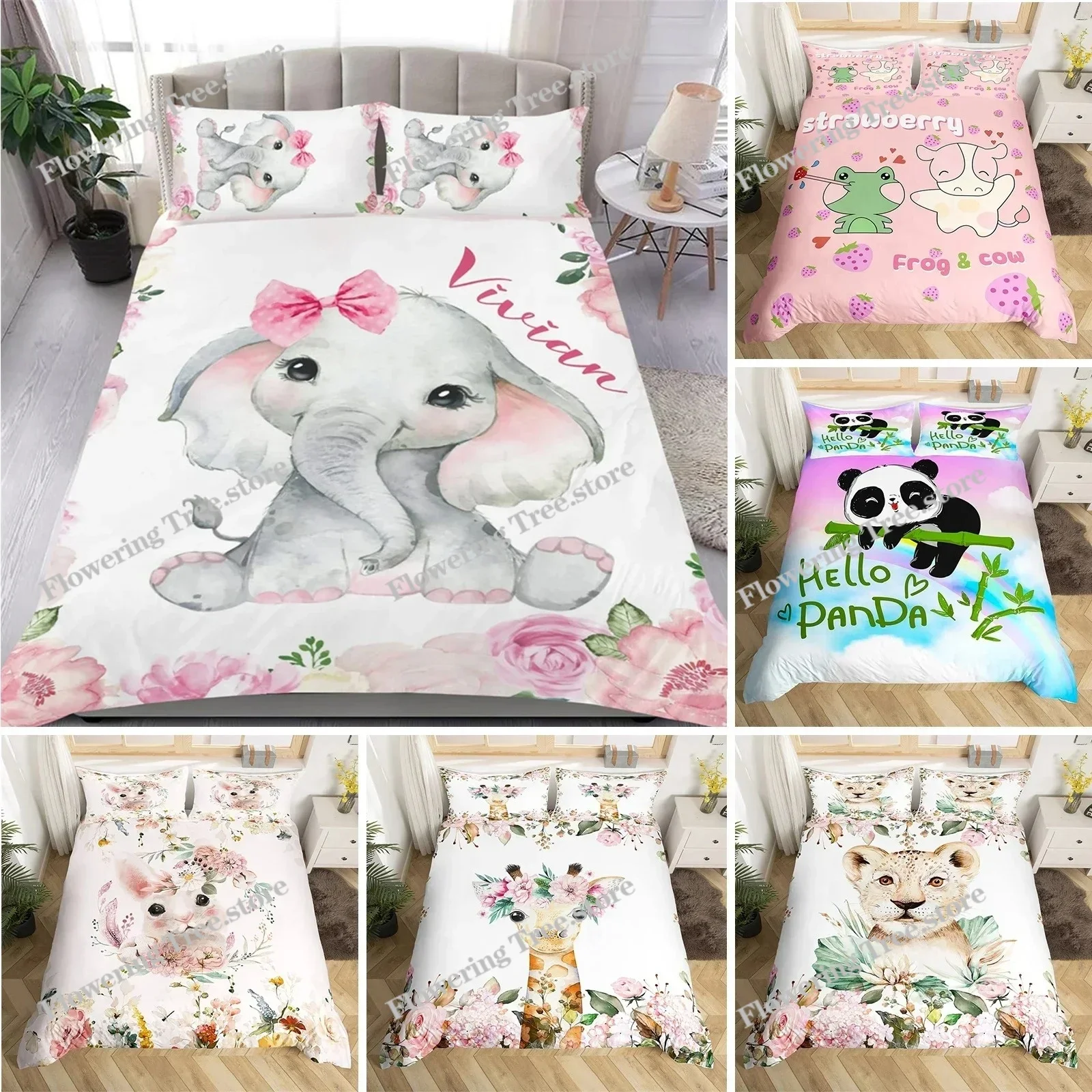 

Lovely Baby Elephant Flowers Duvet Cover Set Cute Cartoon Animals Bedding Set Giraffe Quilt Cover Twin Full For Girls Boys Gift