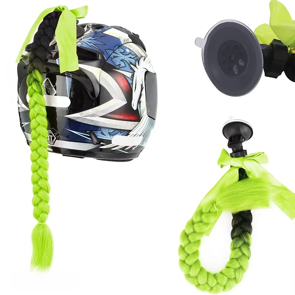 1pc Helmet Decorative Pigtails, Gradient Braids Ponytail Hair with Suction Cup and Bowknot for Motorbike
