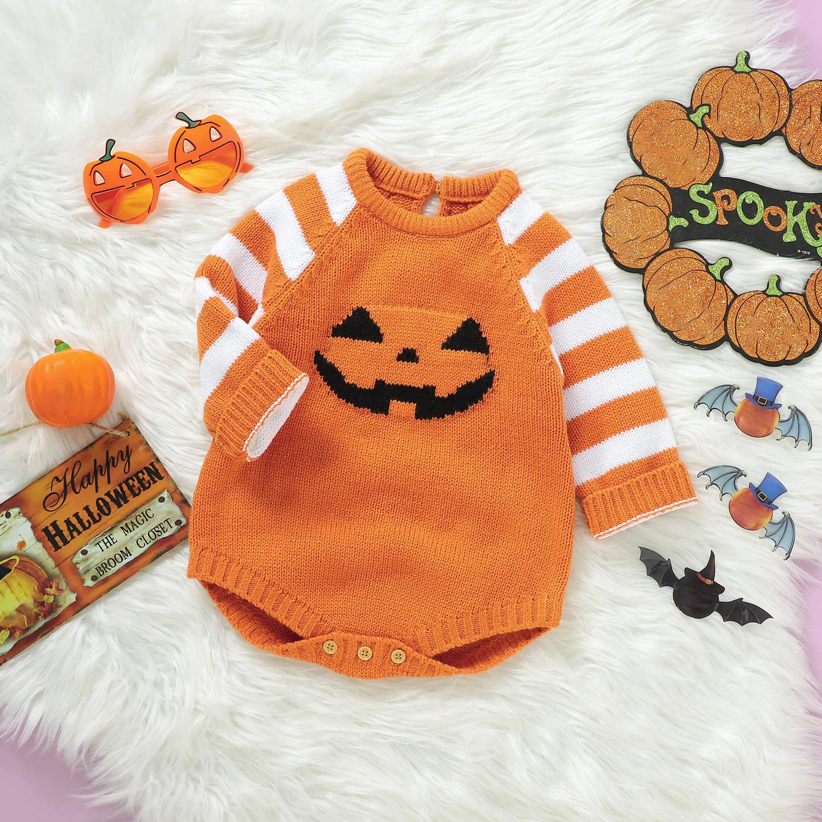 Winter Baby Halloween Costumes Orange Pumpkin Knit Newborn Boy Girl Bodysuits One Pieces 0-18m Infant Unisex Coveralls Jumpsuits