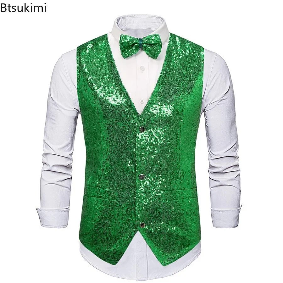 New 2026 Men's Shiny Sequins Suit Vest Fashion V-neck Slim Sparkling Waistcoats Luxury Party Stage Performance Costume Male Vest