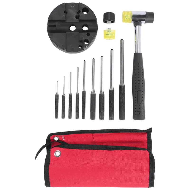 AC23-Roll Pin Punch Set With Storage Pouch,Smithing Punch Removing Repair Tools,With Bench Block Pin Punches And Hammer
