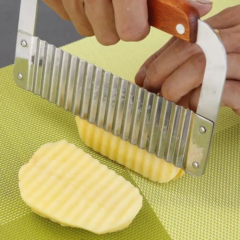 Wood Handle Stainless Steel Wavy Potato Slicer Crinkle Cutter Vegetable Cutting Kitchen Gadget