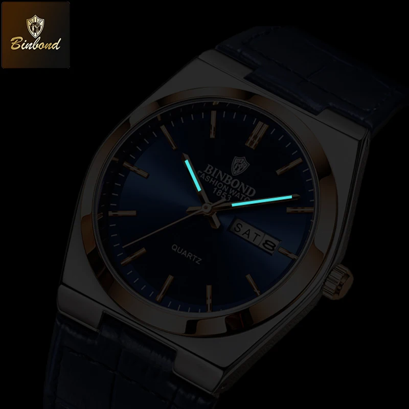 BINBOND, relojes de cuarzo de lujo para hombre, reloj Original para hombre, resistente al agua, luminoso, fecha, semana, reloj de pulsera con correa de cuero para hombre