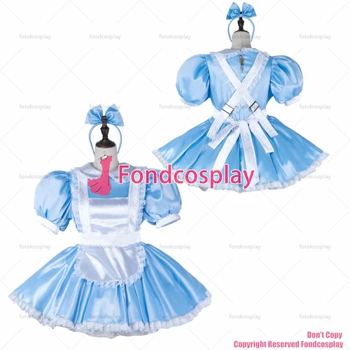 Fondcosplay 성인 섹시 크로스 드레싱 시시 메이드 짧은 아기 블루 새틴 원피스 잠금 유니폼, 흰색 앞치마 CD/TV[G2340] 