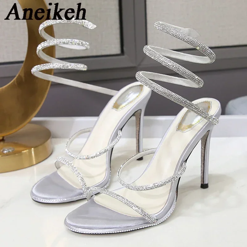 Aneikeh Fashion Summer Snake Twine Around Crystal Women Gladiator Sandals Luxury Rhinestones Thin High Heels Party Prom Shoes