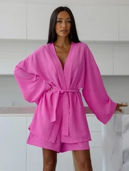 Marthaqiqi New 2023 Ladies Pajamas Suit Sexy V-Neck Sleepwear Long Sleeve Nightwear Lace Up Nightgowns Shorts Women Nightie Set