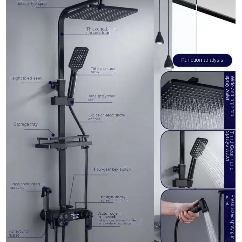 Imagem -06 - Black Led Termostático Digital Display Torneira do Chuveiro Conjunto de Chuveiro de Latão Aspersor de Reforço do Banheiro Quatro Botões de Função