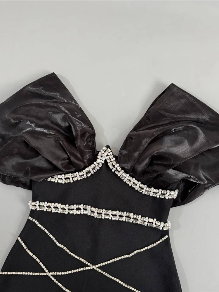 VC Retro Cocktail Party Charm Abito da sera aderente con maniche a sbuffo in raso nero con accenti di cristalli Abito lungo da gala