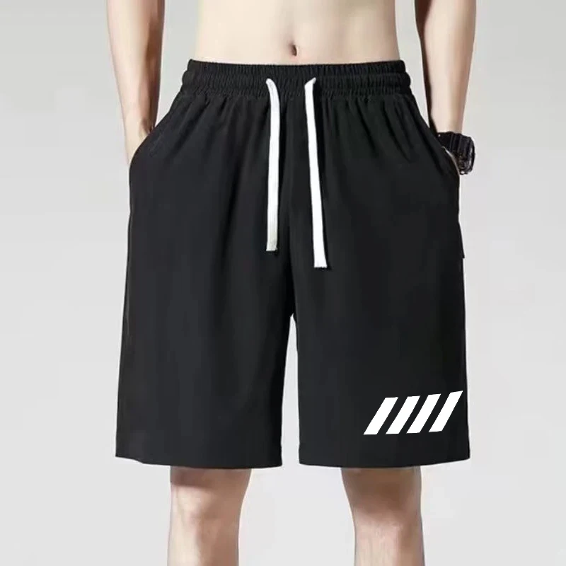 2024 Men's Summer Ice Silk Shorts 4-Bar Print Quick Dry Comfortable Tight Waist Sports Basketball Jogging Casual Sports Shorts