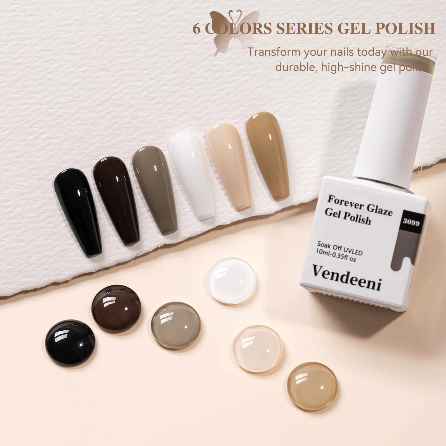 Vendeeni Free Sample 6color Nail Gel Polish 10ml Nail Supplier Wholesale Gel Polish TPO Hema Free OEM Custom Solid Uv Gel Polish