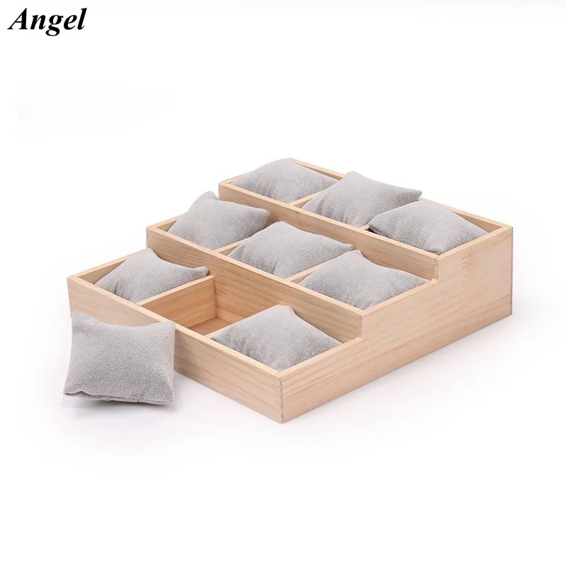 Premium Solid Wood Multi-Tier Watch Display Tray, Pillow Style Bracelet Necklace Ring Organizer, Jewelry Showcase Storage