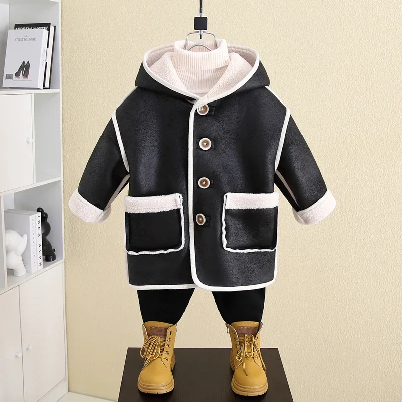 Boys Woolen Coats Jackets Plus Thicken 2024 Lasted Warm Velvet Winter Autumn Cotton Sport Tracksuit Teenagers Children's Clothin