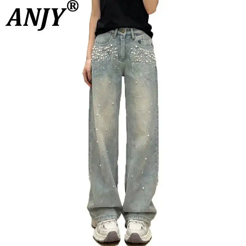 

ANJY Spring Autumn New Women Washed Embroidered Flares Design Versatile Casual Jeans Tide Fashion High Street Denim Pants A23291