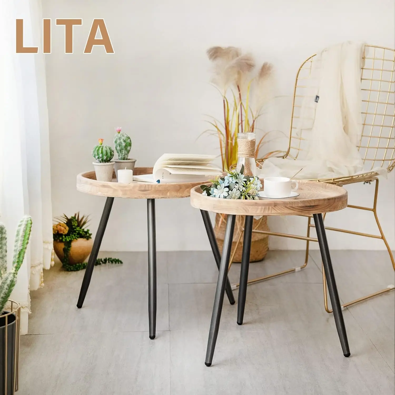 Lita 2 Pcs Round Side End Table, Nightstand Tables, Log Desktop, Wooden Tray Table With Black Metal Stand End Table For Living