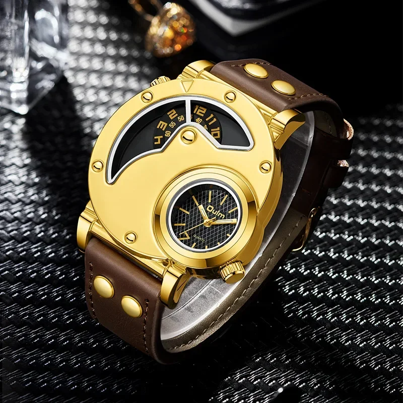 OULM Brand Golden Case Watch Men Army Military Dual Time Movement Mens Big Size Quartz Wrist Watch Relogio Masculino
