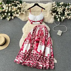 Summer Holiday Red Blue And White Porcelain Two Piece Set Women's Spaghetti Strap Padded Cup Zipper Short Tops+Long Skirt Suits