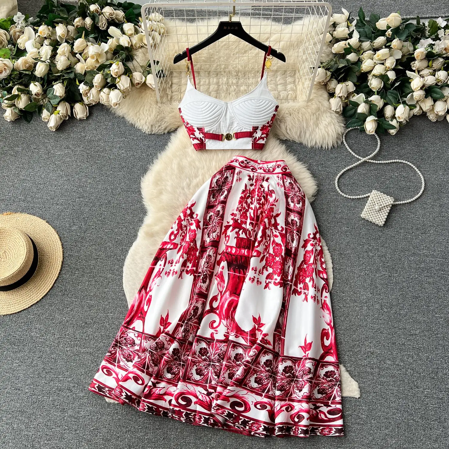 Summer Holiday Red Blue And White Porcelain Two Piece Set Women's Spaghetti Strap Padded Cup Zipper Short Tops+Long Skirt Suits