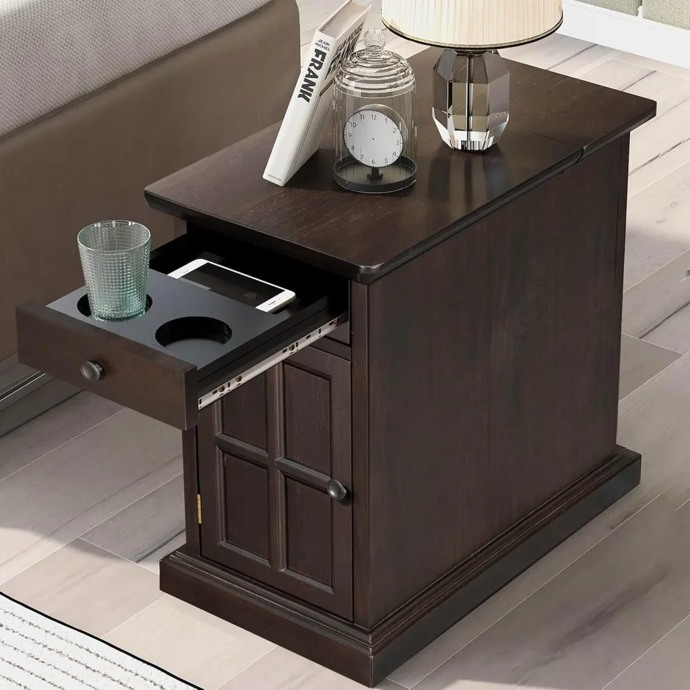 Traditional Wood End Table with Charging Station, Modern Vintage Sofa Chair Side Table Nightstand with Storage & Drawer