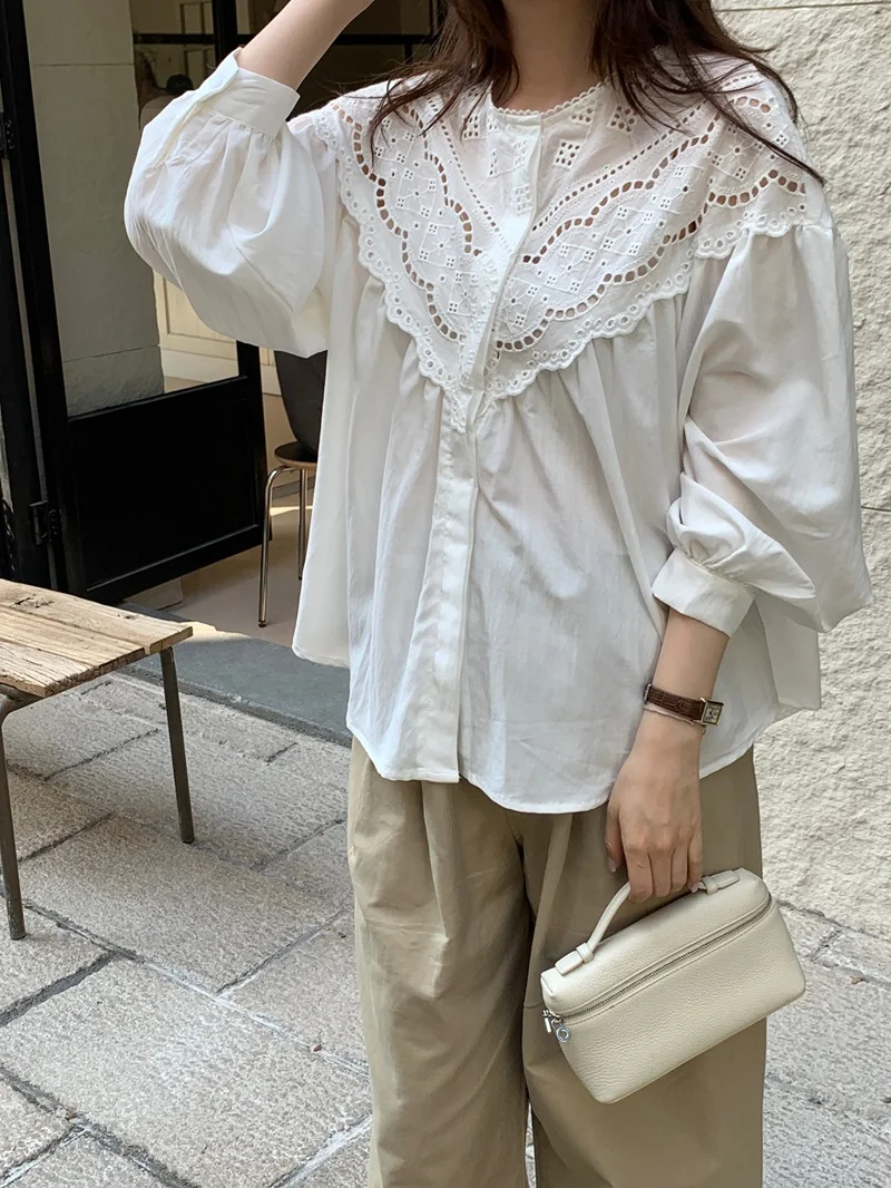 Spring White Gentle Shirts Puff Sleeve Women Hollow Out Chic All Match Fashion New Office Sweet Girls Muje Ladies Tops