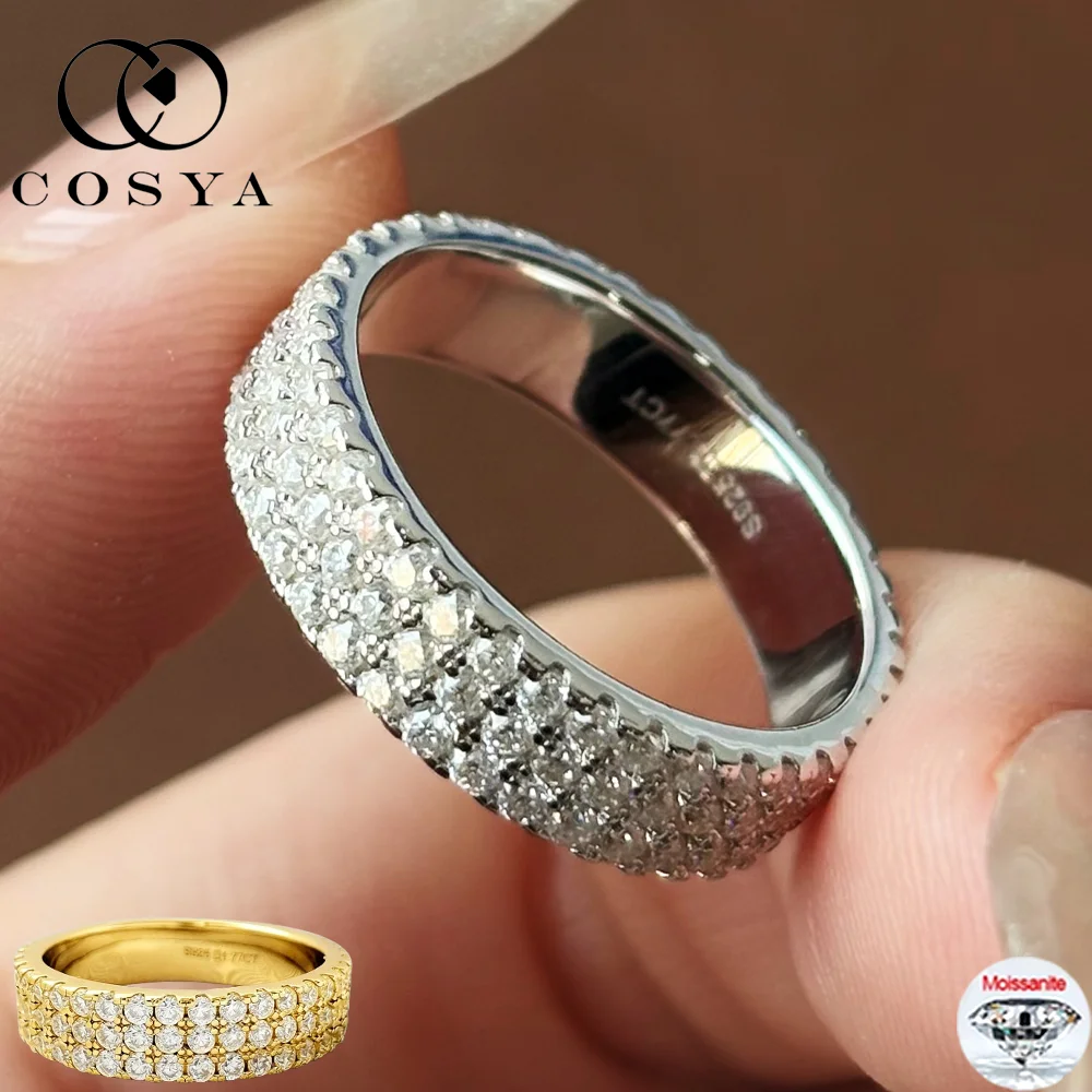 

COSYA 1,5 мм полное кольцо с муассанитом S925, серебро, 18-каратное золото, сверкающий цвет D, лабораторный бриллиант, 3-рядное кольцо для женщин и мужчин, ювелирные изделия