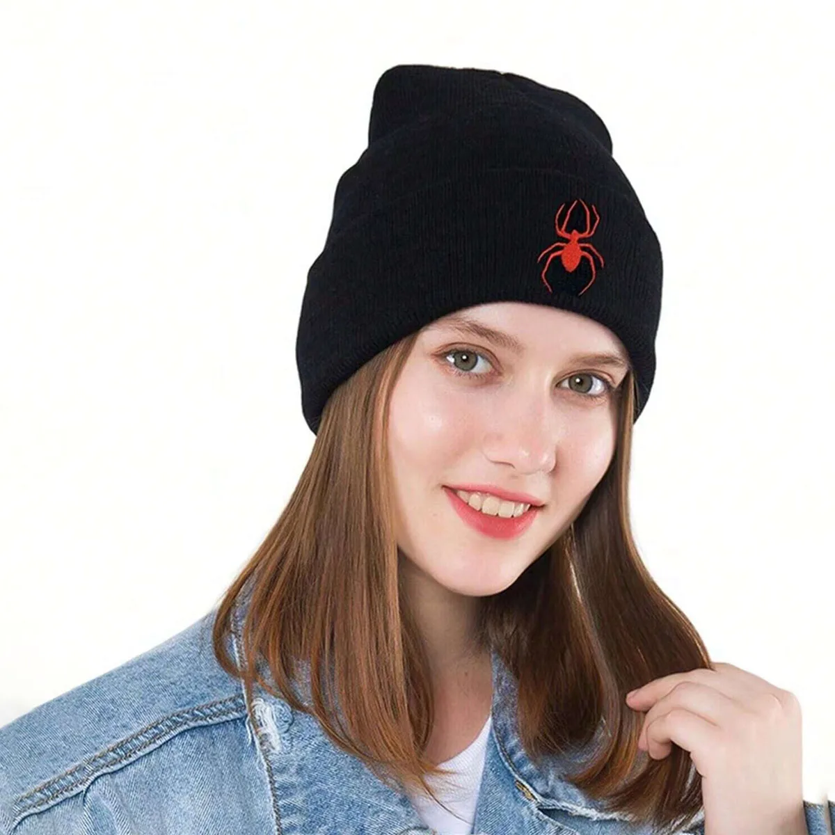 1pc Autumn Winter Beanie Cuffed, Spider Embroidery, Warm, Suitable For Daily Wear Men Women Knit Hat