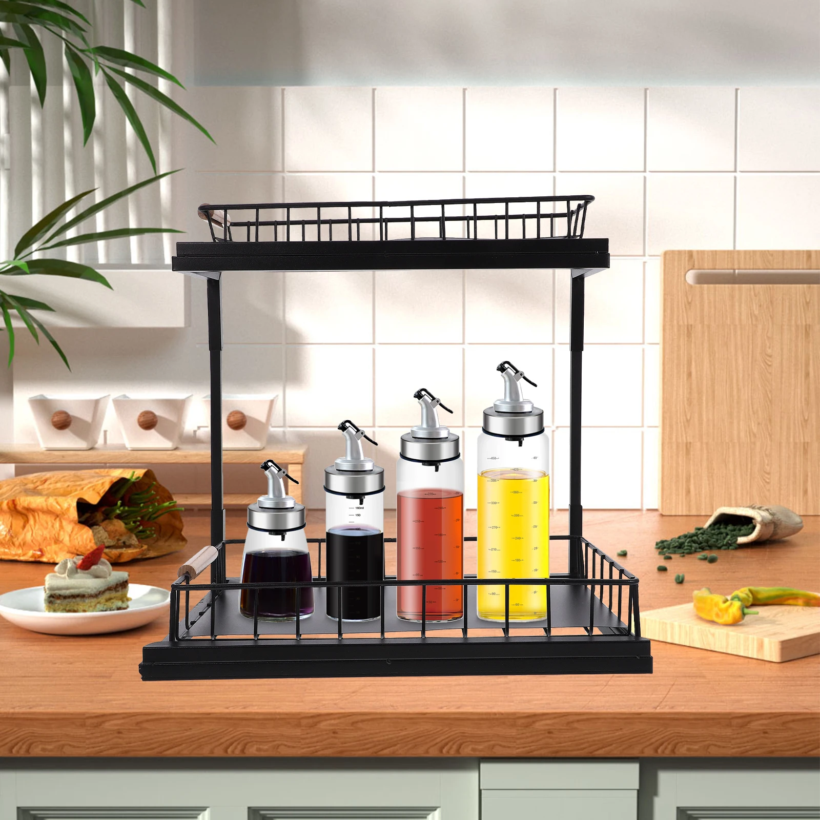 

2-Tier Cabinet Organizer Pull Out Spice Rack Kitchen Countertop Rack Under Sink Storage Sliding Design Guardrail Large