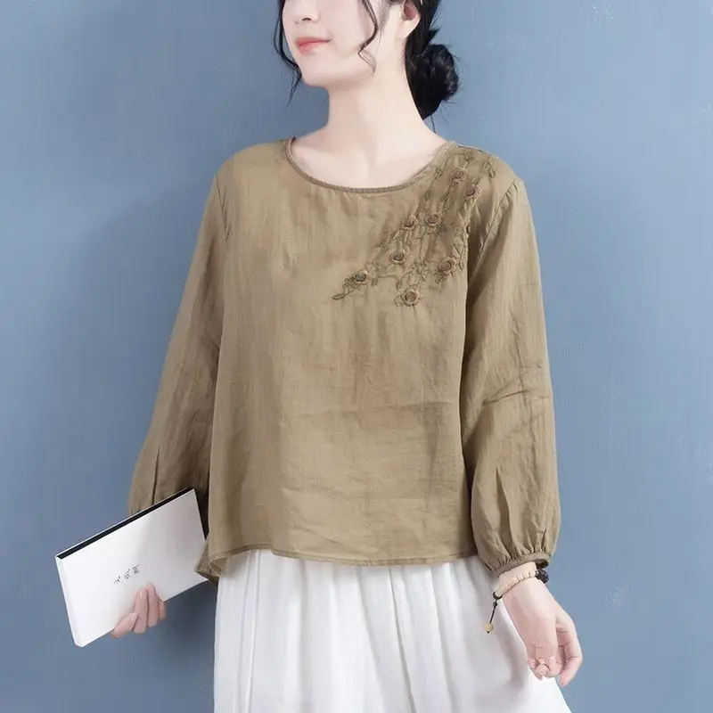 Women Summer Simplicity Loose Cotton and Linen Embroidered O-neck Long sleeve T-Shirt Ladies Casual Appear Thin Trend Top Tee