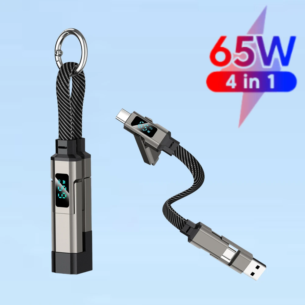 65W Super Fast Charging 4 in 1 Keychain Cable, LED Digital Display Braided Short Data Cord for iPhone 17 Samsung Android