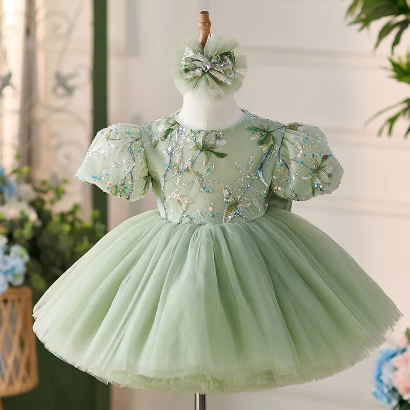 2026 New Arrival Green Flower Fairy Dress Forest Style Puff Sleeve Fluffy Tulle Tutu Dress Girls Casual Party Princess Outfit
